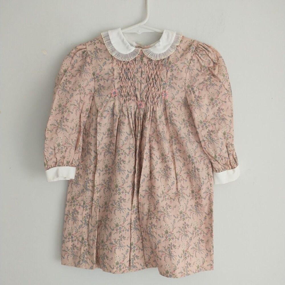Vtg Polly Flinders Dress Girls 4 Pink Floral Ruffle Embroidered Lace Cottagecore